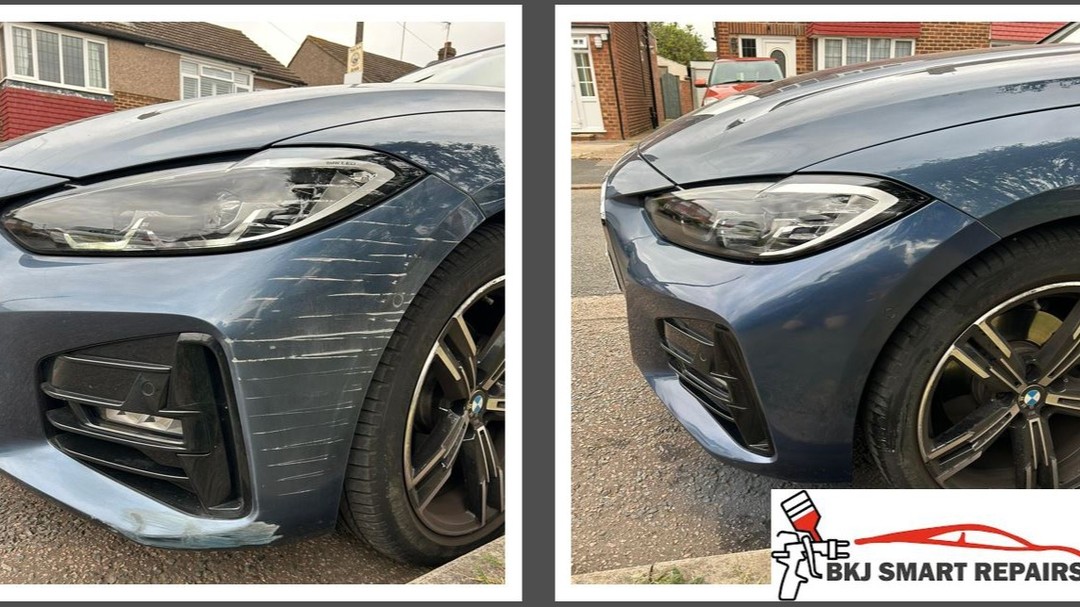 Scratched front bumper, before and after