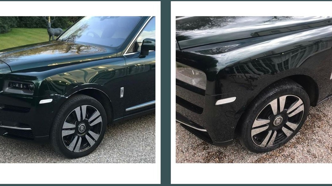 Black Rolls-Royce Cullinan wheel arch before and after repair