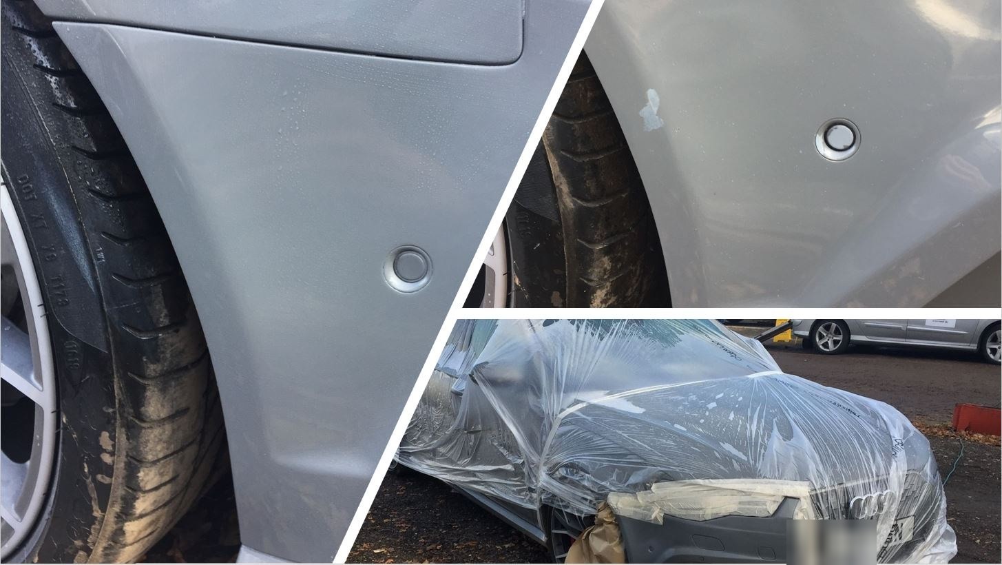 Rear quarter dents, masked for paint, before and after