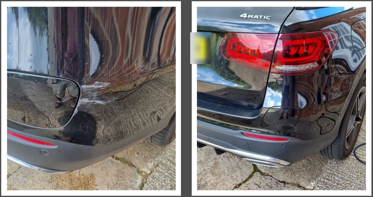 Rear bumper scrape, before and after