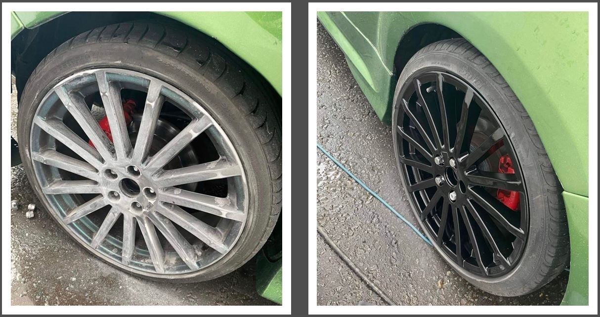 Alloy wheel on a green Ford Focus, worn silver before and gloss black after