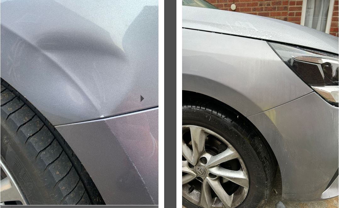 Front wing dent, before and after