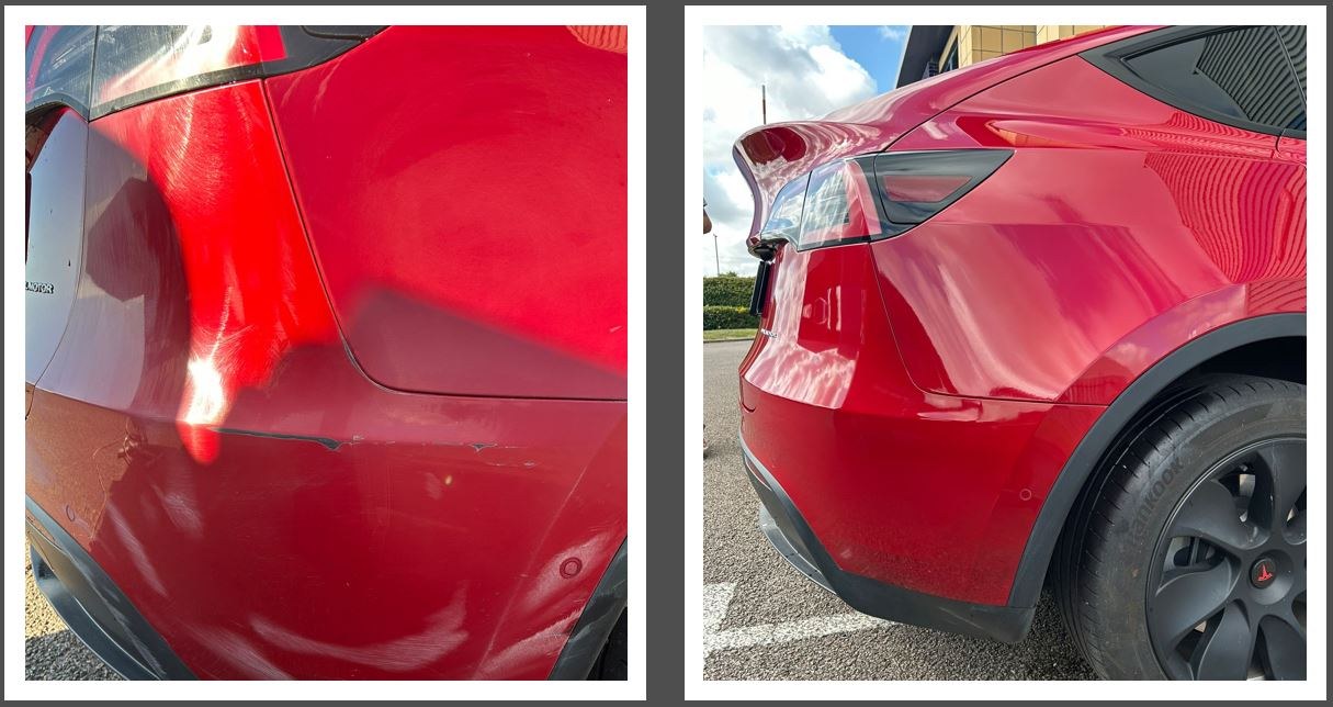 Rear quarter, red Tesla, before and after