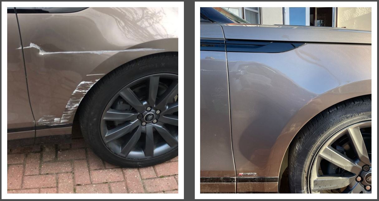 Deep gouge along a rear door, before and after
