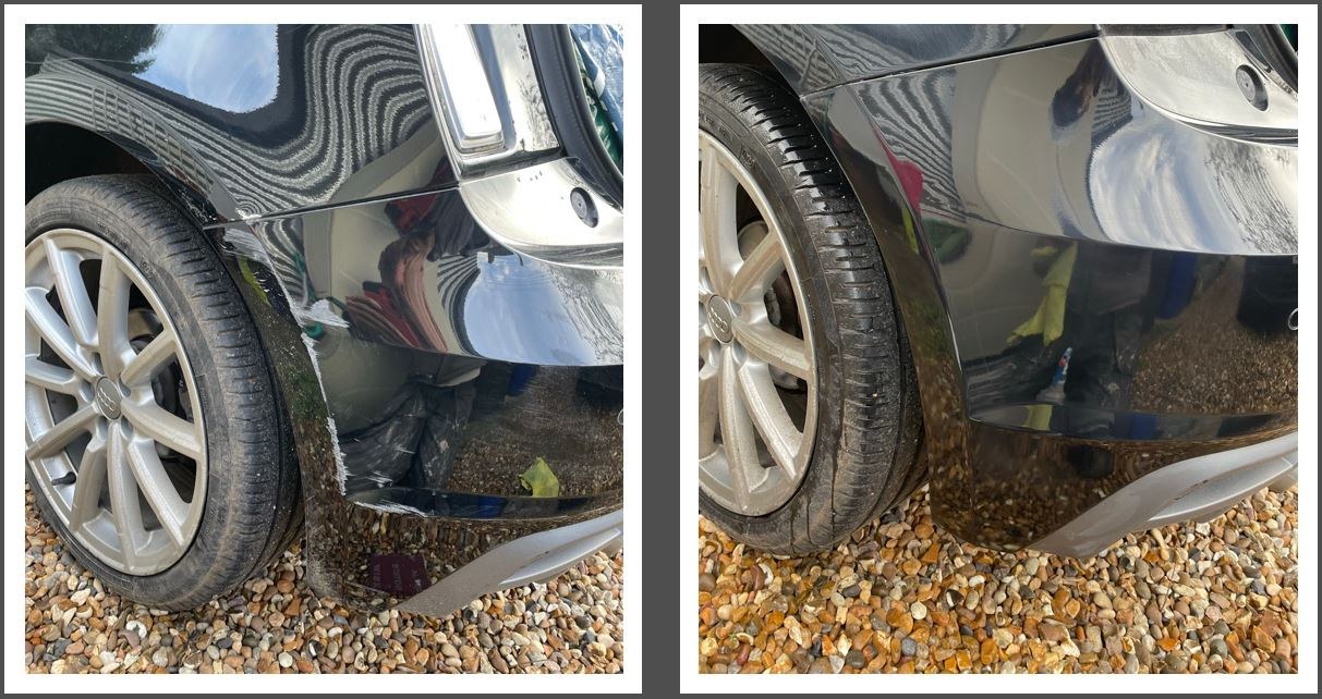 Rear bumper corner, before and after