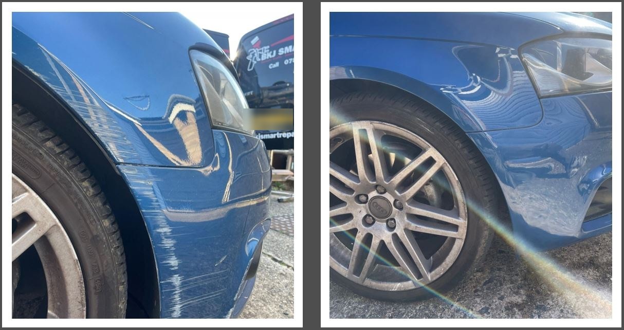 Front wing and arch scrapes, before and after