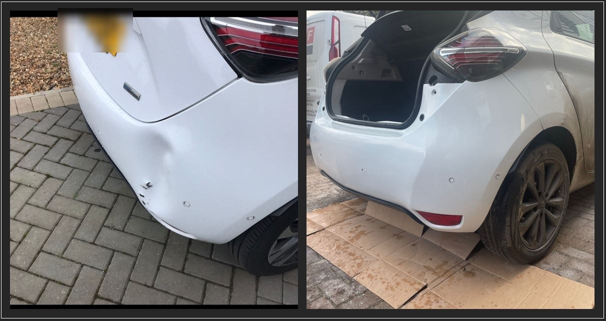 Rear bumper dent, before and after